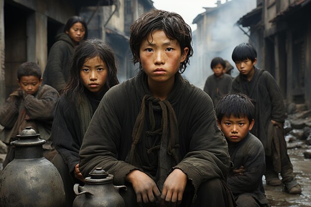 写真 中国の子供たちは街角に座って絶望的に見える