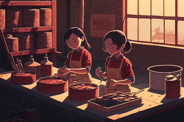 Chinese children work in a factory flat illustration