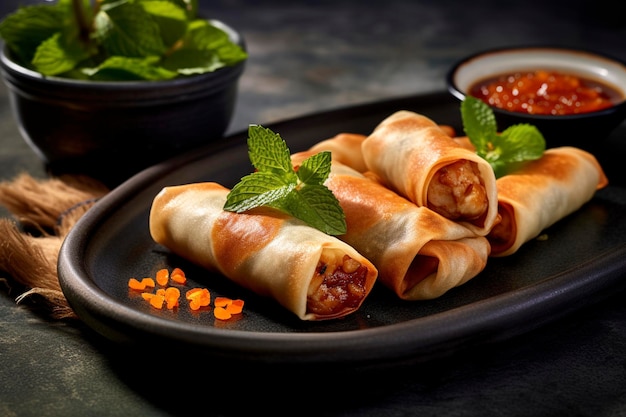 Chinese chun juan spring rolls are served on a plate