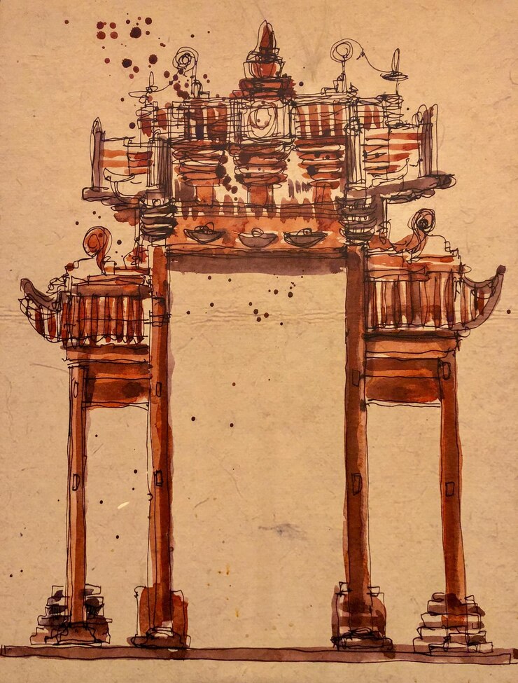 Photo chinese city gate painting with traditional asian or chinese architectural style on canvas