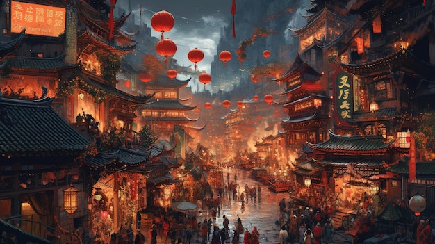 A chinese city with a red lanterns floating