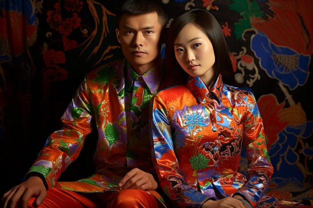 chinese couple wearing colorful modern traditional dress