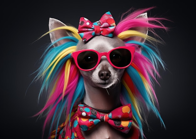 A Chinese Crested adorned with colorful bows and accessories showing off its fashionable side