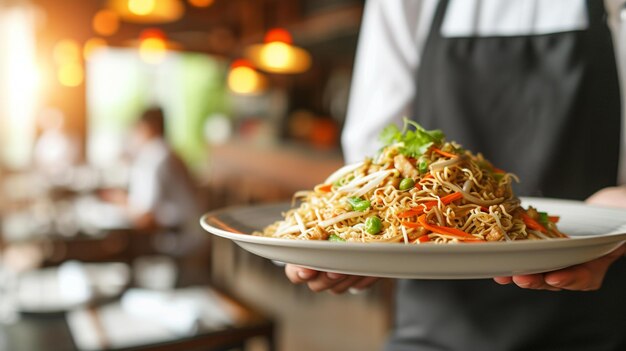 Китайская кухня Chow Mein с копировальным пространством Официант обслуживает в движении на дежурстве в ресторане Официант несет посуду