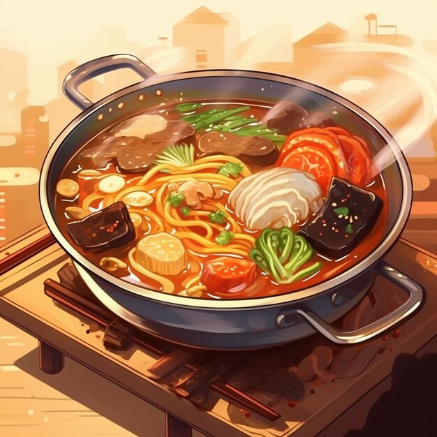 中国料理の肉のホットポット イラスト