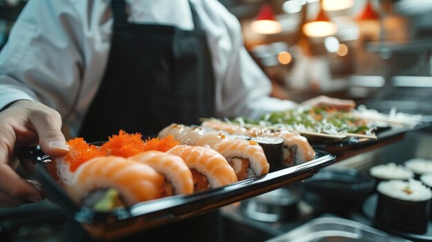 사진 중국 요리 사본 공간과 함께 수시 웨이터는 레스토랑에서 근무하는 움직임에서 웨이터는 접시를 운반합니다.