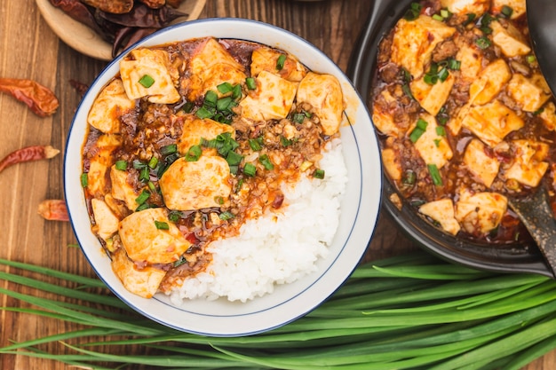 Chinese cuisine: tofu and spicy minced rice