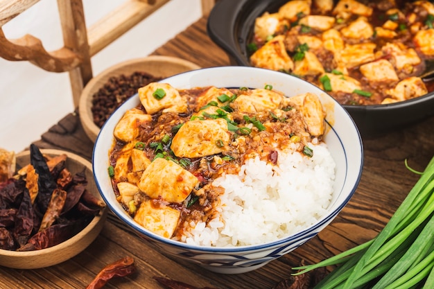 Chinese cuisine: tofu and spicy minced rice