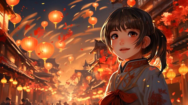 Chinese cultural new year festival celebration with scene in anime style