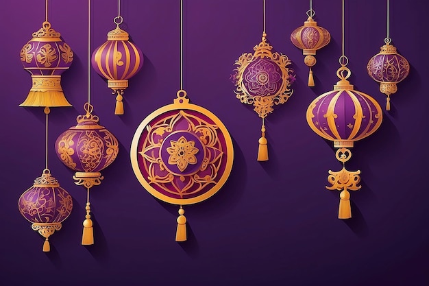Photo chinese decoration hanging over purple background colorful design vector illustration