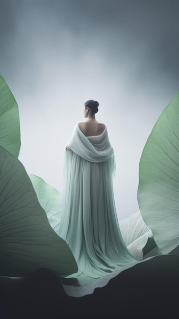Китайский дизайнер носит платье с большим листом лотоса. Фотография. Искусство, созданное искусственным интеллектом.
