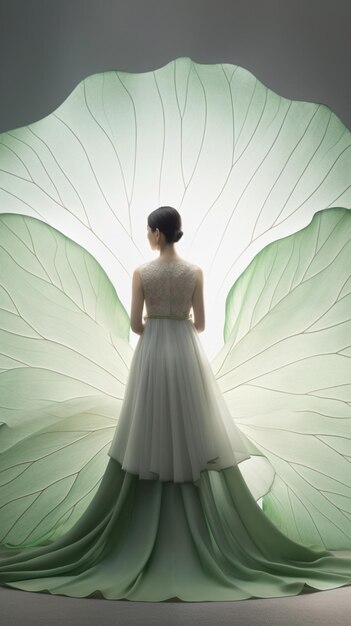 Chinese designer wears gown with large lotus leaf photography image AI generated art