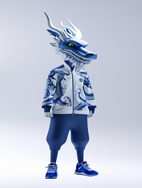 a Chinese dragon cartoon CHARACTERSwearing Blue and white Chinese sportswear from 1980s