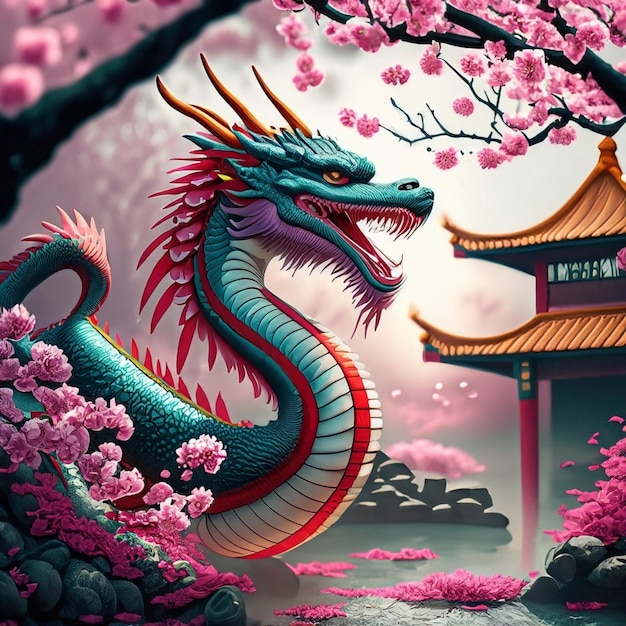 Chinese dragon on cherry blossom