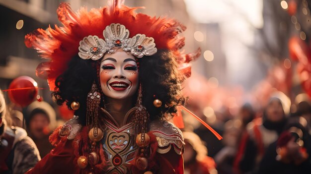 Chinese Dragon Dance Parade for Lunar New Year Celebration in Traditional China Chinese Colors