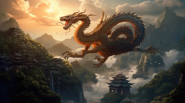 中国のドラゴンが夜明けに霧の山の上を飛ぶ ドラゴン・ジェネレーティブ・アイ