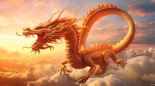 Chinese dragon flying in the sky at dawn Dragon Generative Ai