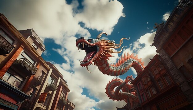 Photo chinese dragon flying towards camera angle far view