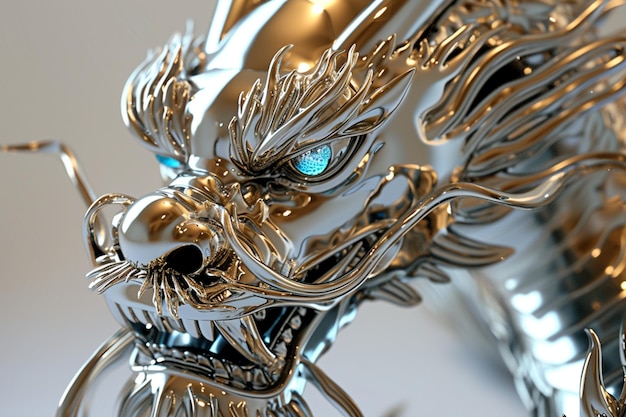 Chinese dragon head Blue eyescloseup futuristic reflective