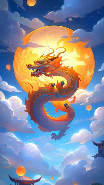 A chinese dragon is flying in the sky.