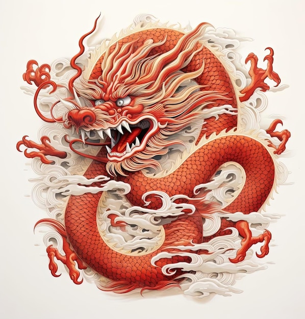 chinese dragon is represented in red on white background