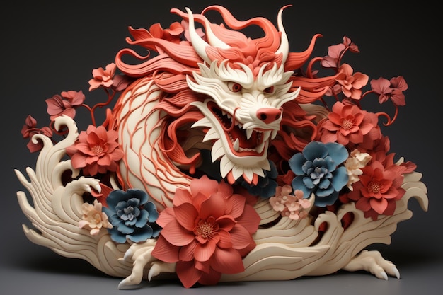 A Chinese dragon in paper kirigami craft style quilling