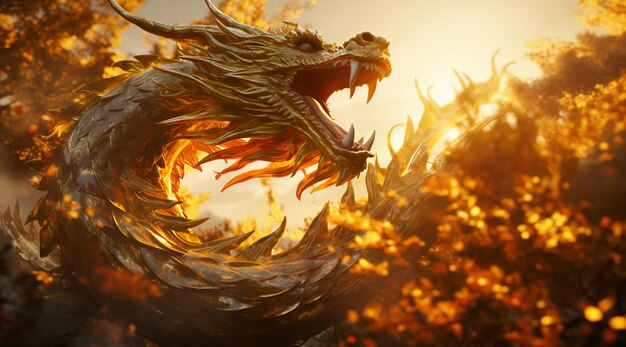 写真 炎の秋の森の夕暮れの中国のドラゴンヘビ