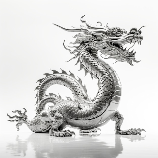 Chinese dragon sideways full body reflected white background black and white 8K HD v 52