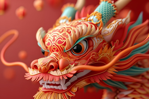 빨간색 바탕에 있는 중국의 드래곤 동상 클로즈업 중국의 조디악 상징