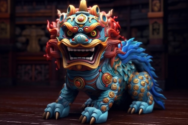 Статуя китайского дракона с сине-красным драконом на голове.