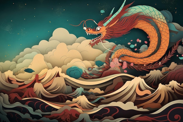 Китайский дракон в воде на фоне облачного неба.