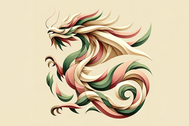 Chinese dragon with abstract triangle design in pastel colors on beige background