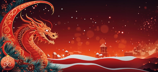 Chinese dragon with christmas tree on red background Vector illustration