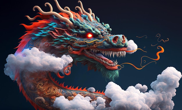 chinese dragon with cloud illustration, Generative Ai