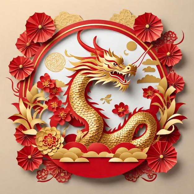 a chinese dragon with a red background with flowers and a gold dragon