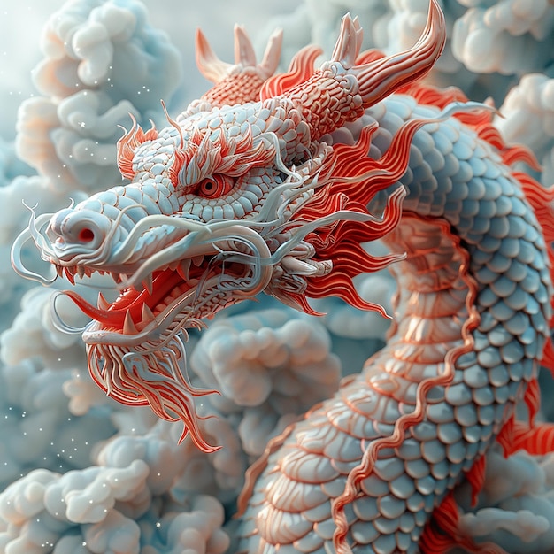 赤と白の顔を持つ中国のドラゴンと,前面に中国文字の引用の言葉