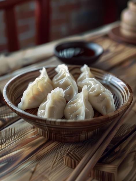 chinese dumplings are on a wooden table