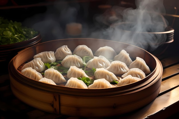 Chinese dumplings being steamed on the traditional bamboo pan