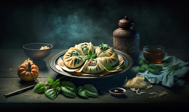 Chinese dumplings on dark background