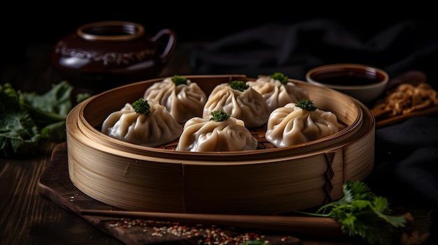 Chinese dumplings on a wooden plate generative ai