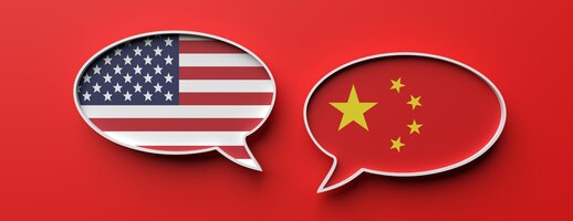 Chinese en amerikaanse vlag tekstballonnen tegen rode achtergrond 3d illustratie