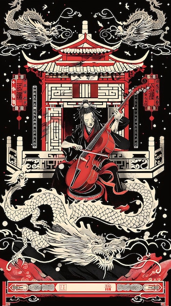 Photo chinese erhu player performing in a temple with dragon motif banner postcard design collage art ink