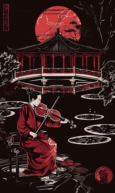 Chinese Erhu-speler speelt in een traditionele tuin met Banner Postcard Design Collage Art Ink