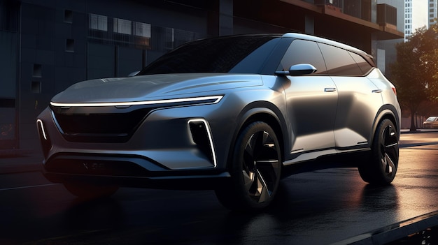 A chinese EV SUV sketch render features clean front facial and silver body color