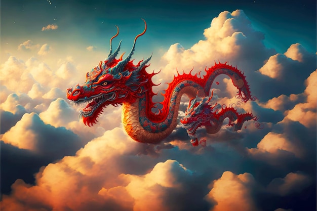 Chinese fancy red dragons fly in sky above clouds