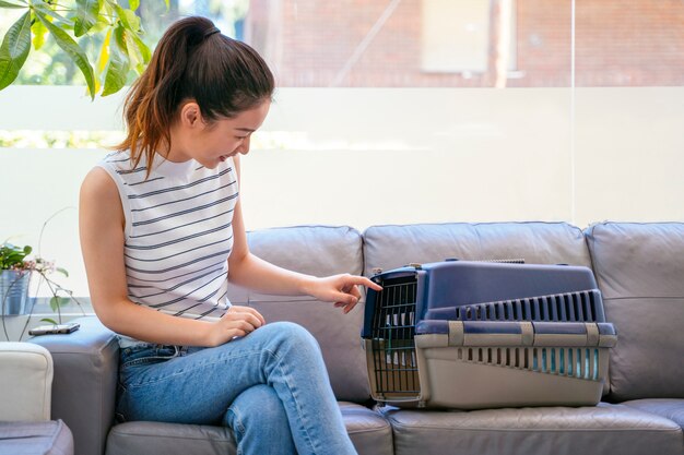 動物養子縁組クリニックの中国人女性。新しいペットの飼い主と一緒に避難する猫。