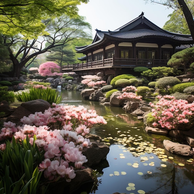 중국 꽃 정원과 집 봄 사진 생성 AI