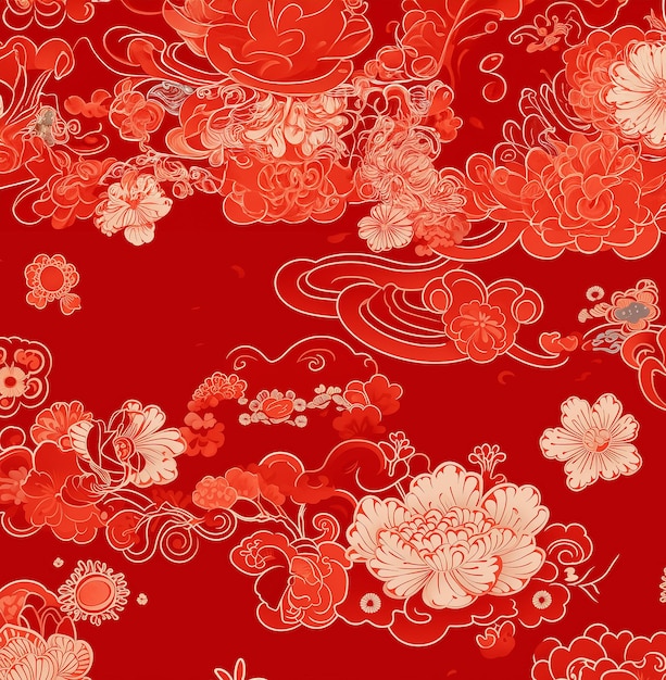 Chinese flowers light color with traditional line draw on red background GenerativeAI