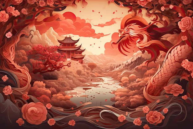 Chinese folklore with variety of aesthetically assembled colors all depicted as a paper fractal chinese new year illustration background with lovely chinese dragon