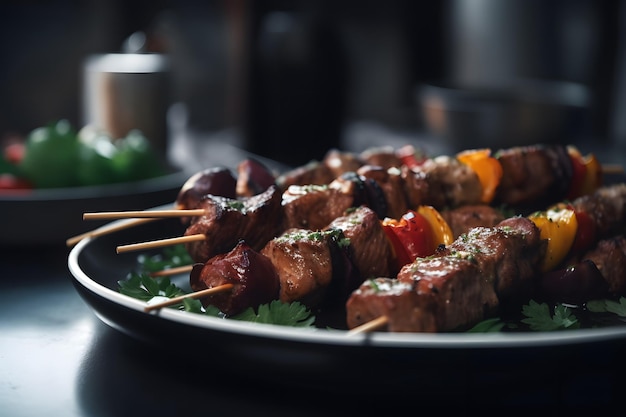 Generative AI illustration of skewered shish kebab, Kebabs - grilled meat  skewers, vegetables on black wooden background. Meat skewers in a barbecue  22922899 Stock Photo at Vecteezy